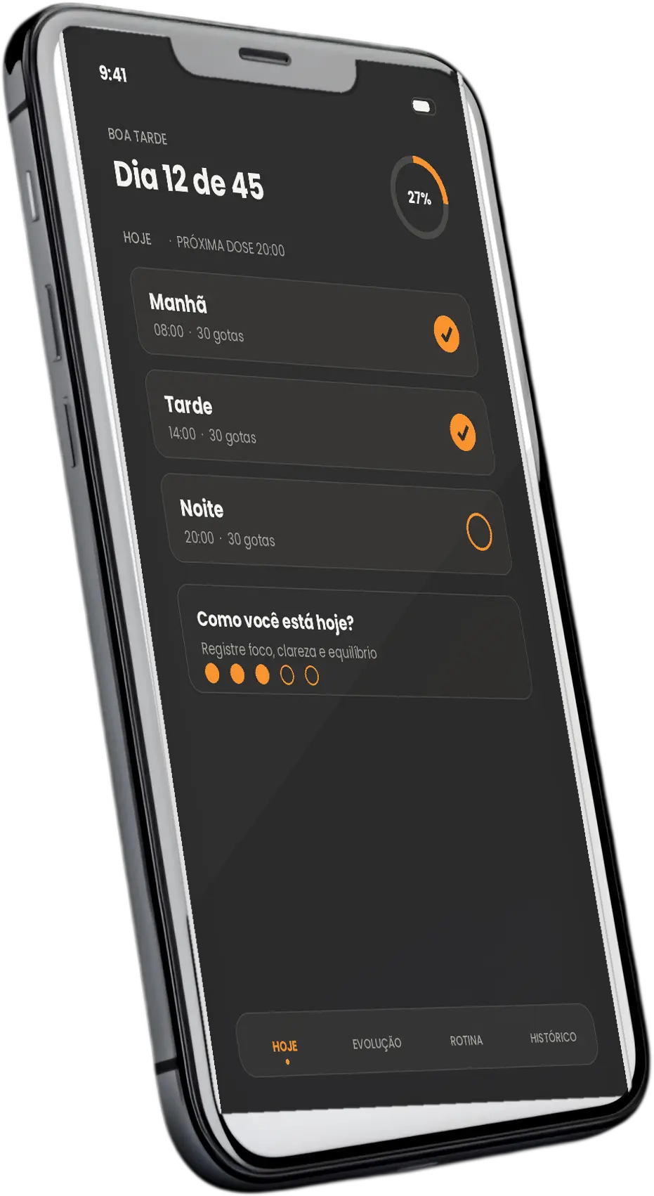 ZeroApp: rotina do dia com doses de manhã, tarde e noite e check-in diário.